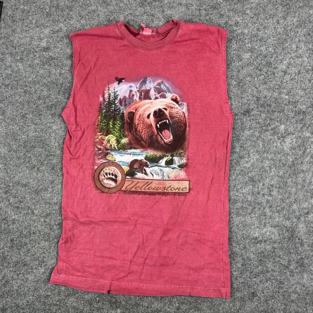 Sherry Muscle Tee Mens Large Red Yellowstone Grizzly Bear Graphic Tank Cotton